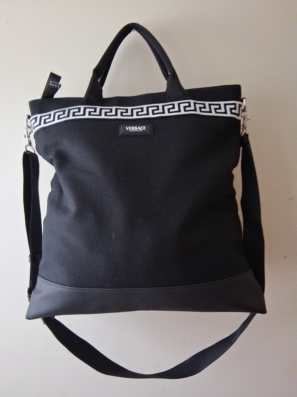 Versace Black Canvas Tote - Greek Key Accent
